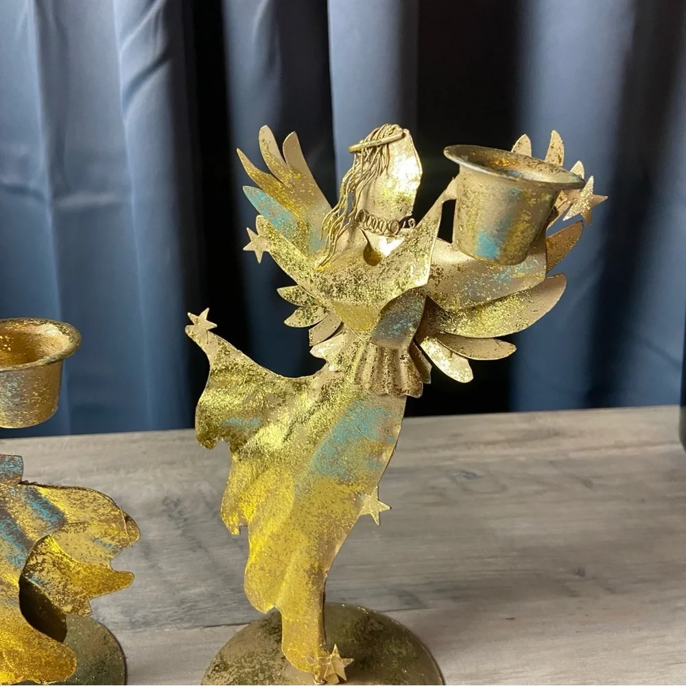 Pair of Vintage‎ Gold Metal Angel Figurines Candle Holders